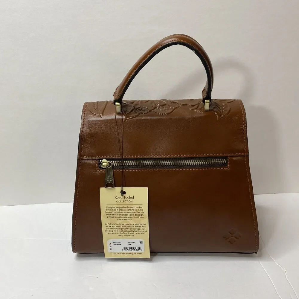 NWT PATRICIA NASH Chauny Rose Tooled Leather Satchel Bag Tan